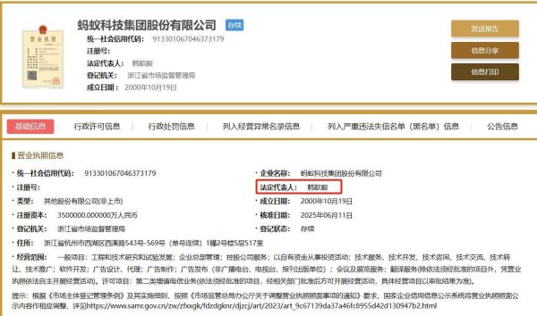 配资网站查询 蚂蚁集团，法人代表变更！